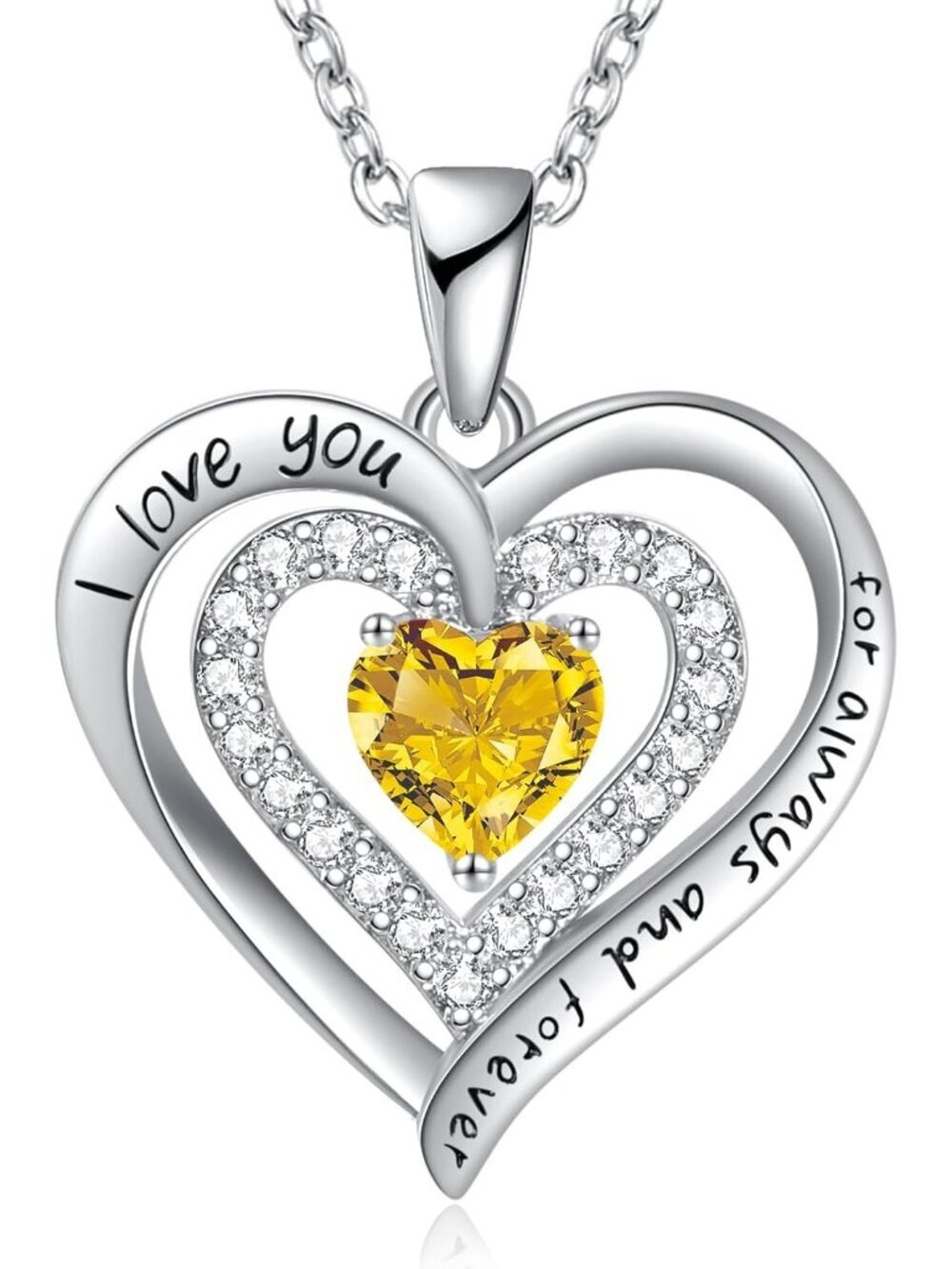 WomenYellow 1 Cubic Zirconia Sterling Silver Birthstone Heart Jewelry Necklace